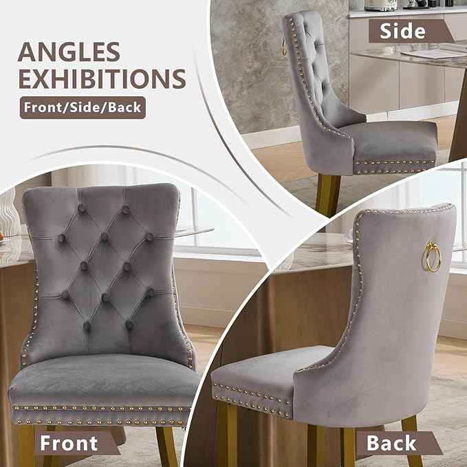 Velvet Dining Chairs Set of 6, Kitchen & Dining Room Chairs, Upholstered Dining Chairs with Back Ring Pull and Golden Solid Wood Legs, Modern Tufted Kitchen Chairs for Dining Room, Light Grey