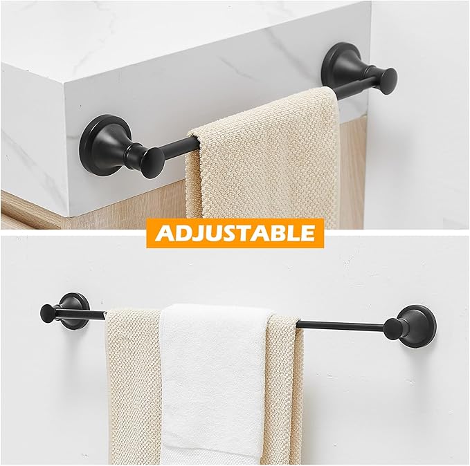 BESy Adjustable 16 to 26 Inch Bath Towel Bar Rack for Bathroom Towel Holder, Wall Mounted Towel Bar Rod Hanger Bathroom Hardware Accessories Hotel Style, Stainless Steel, Matte Black