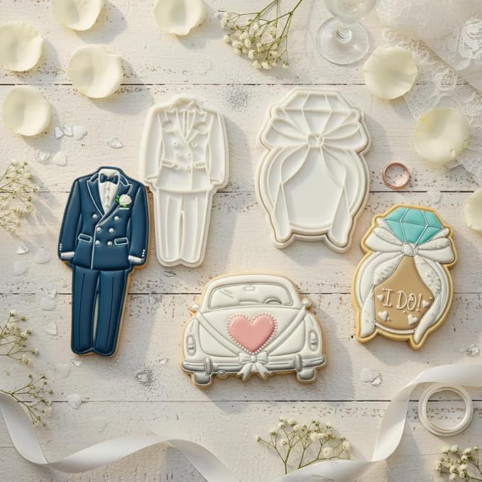 Wedding Cookie Cutters Cutter Ring Molds 3.5" with Plunger Stamps Baking Dough Tools Cake Shapes PLA Accessories for Birdesmaid Decorative Party Kitchen Supplies