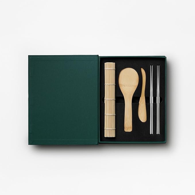Printworks The Essentials, Sushi Tools – Sushi Making Kit with Roller, Rice Paddle, Spreading Knife, and 8 Chopsticks in an Elegant Book-Style Case