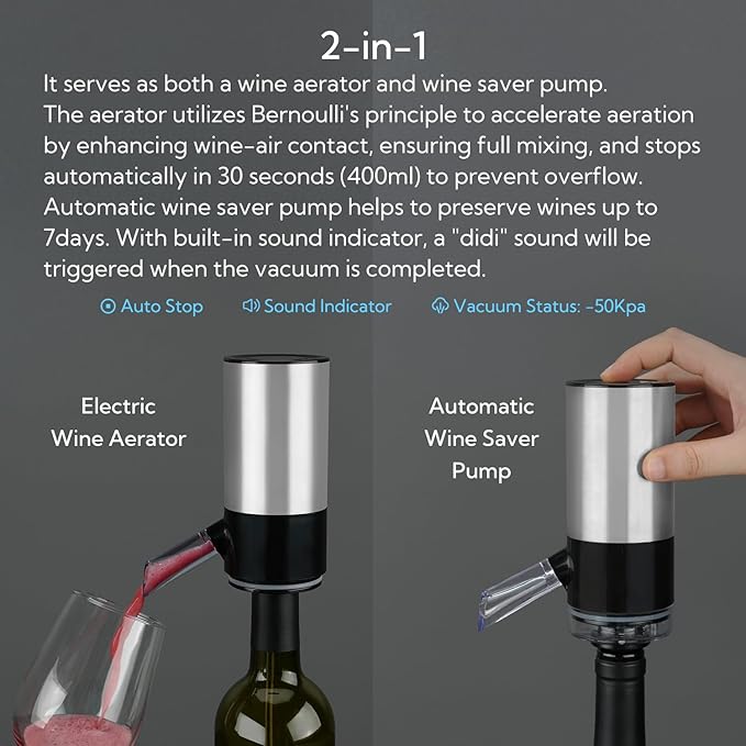 KITCHENDAO Rechargeable Electric Wine Aerator Dispenser and 2-in-1 Wine Aerator Pourer and Stopper