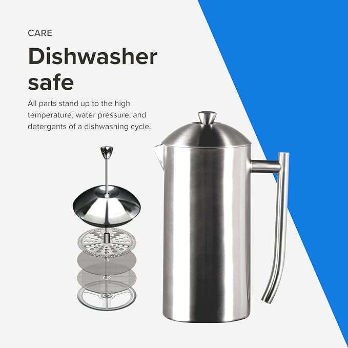 Frieling Coffee Press Stainless Steel French Press Coffee Maker - 44 oz, Brushed Stainless Steel - Double-Walled Insulated Zero Sediment Filter - For Home & Camping