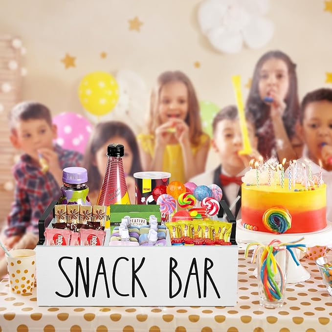 Snack Organizer for Countertop, Wood Pantry Storage Bins with Handles, Snack Bar Organizer for Pantry Shelf, Kitchen, 4 Compartment Food Container Snack Box, Pantry Organizer for Snacks, Chips