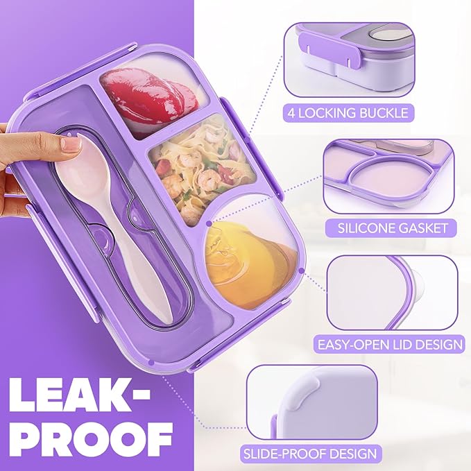 EASYFUN Bento Box Adult, Lunch Box, 4-Compartment Lunch Containers, Drop-Proof, Dishwasher Safe & Made with BPA-Free Materials (Purple)