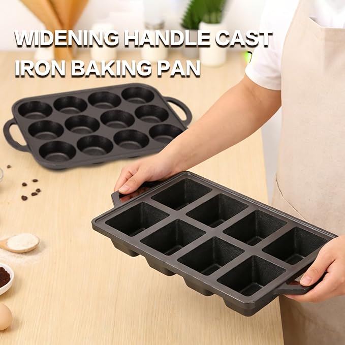 Flavehc Cast Iron Muffin Pans 12 Cup and Cast Iron Mini Loaf Pans 8 Cavity Regular Size Cupcake Pan Pre-Seasoned Loaf Pans Molds for Baking