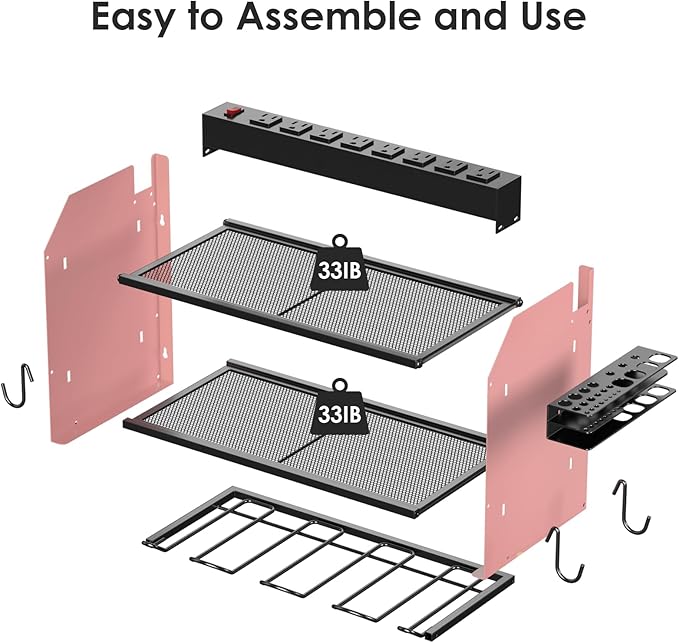 CCCEI Modular Power Tool Organizer Wall Mount with Charging Station. Garage Drill Storage Shelf with Hooks, Heavy Duty Rack, Tool Battery Holder Built in 8 Outlet. Gift for Men. Pink, 1 Pack.