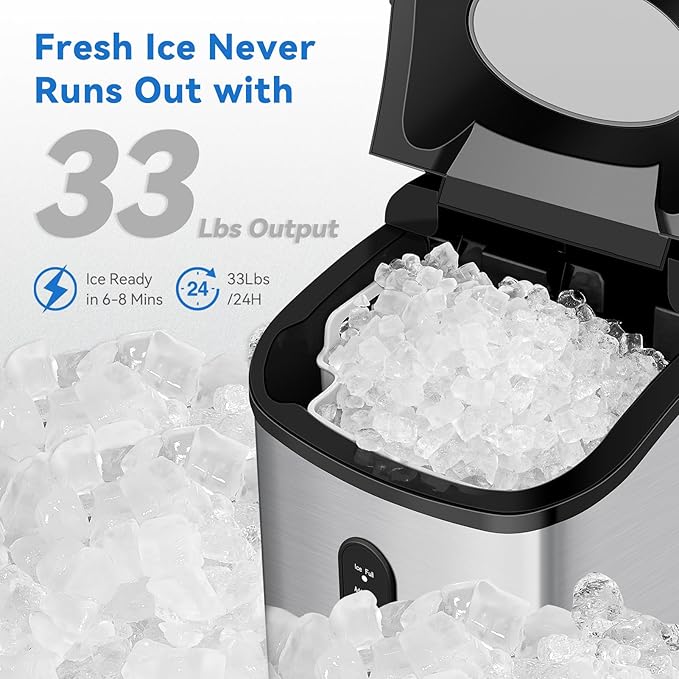 Nugget Ice Maker Countertop with Soft Chewable Ice, Portable Ice Maker with Self-Cleaning, 33Lbs/24Hrs, One-Key Operation, Compact Ice Maker with Ice Scoop/Basket for Home/Kitchen/Office/Bar