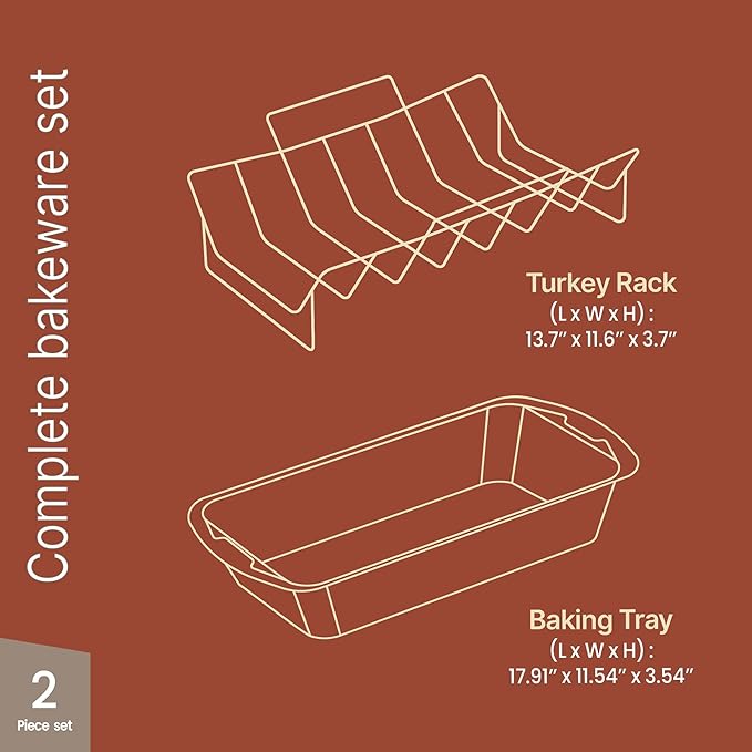 BAKKEN Nonstick Turkey Roasting Pan with Rack – Large Heavy-Duty Carbon Steel Roaster with Wide Handles, Ideal for Roasting, Baking & Grilling, Oven Safe up to 450°F, Gray Marble Finish 17 x 13-Inch