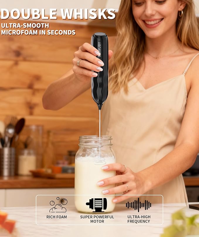 MEIRUBY 2-Pack Milk Frother Handheld with Stand, Valentines Day Gifts for Him and Her, Powerful Electric Coffee Frother, Coffee Lover Gift for Lattes, Cappuccino, Matcha & Hot Chocolate, Black/Pink