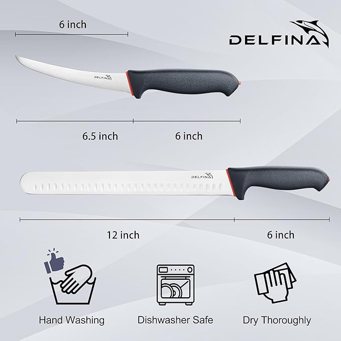 DELFINA Professional 2 Piece BBQ Knife Set, Japanese Style Premium Stainless Steel Chef Knife Set W/SoftGrip Handle, Multi-Purpose Slicing & Boning Knife Set for Kitchen Home Restaurant