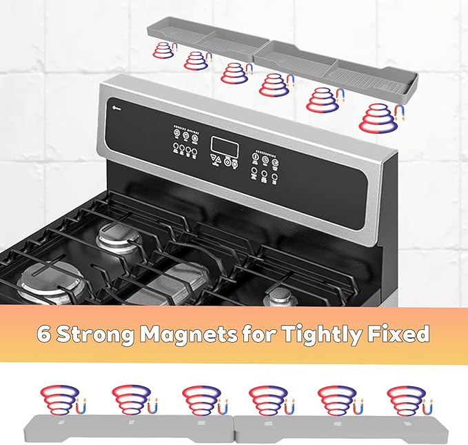 30 Inch Magnetic Silicone Stove Top Shelf, Heat Resistant Spice Rack for Kitchen, Space Saving Organizer with 6 Sticky Pads, Fits Back of Stove(Light Grey 30''x3.8'')