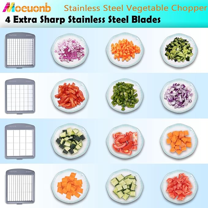 Stainless Steel Vegetable Chopper with 4 Blades - Pro Food Chopper with Container - Veggie Salad Onion Chopper - Potato Dicer - Tomato Cutter