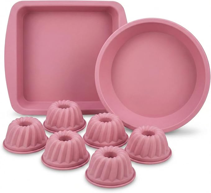 Platinum Silicone Baking Molds Set (8pc) - 100% Fumed Silica Non-Stick - Square Pan, Round Dish & 6 Mini Bundts - BPA Free, Pinch Test Passed, Oven Safe 446°F (Dusty Rose)