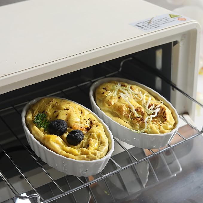 Creme Brulee Ramekins, 6 Pcs Oval Ceramic Baking Dishes 4 OZ, 5.2 Inch Oven Safe Baking Dishes for Souffle, Dessert, Baked Gratins, Prep Bowls for Ingredients, Dipping Sauces - Dishwasher Safe & Stackable