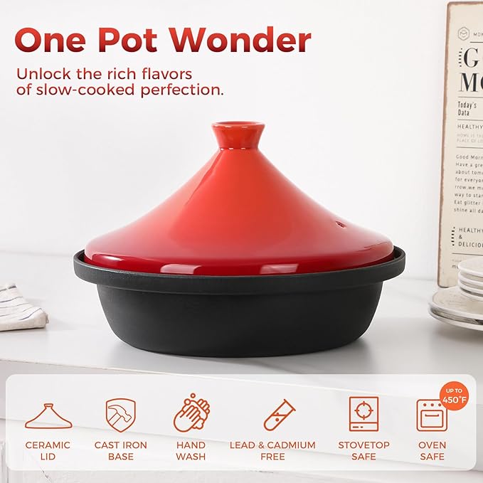 Moroccan Tagine for Cooking: Enameled Cast Iron Cooking Pot, Slow Cooker, Classic Kitchen Cookware, Tajine with Ceramic Cone-Shaped Closed Lid, 3.3 QT, Orange