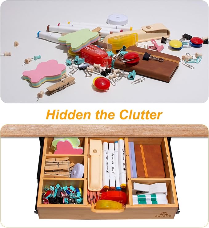 Under Desk Bamboo Drawer with U-Shaped Hollow Panel to Pull Out, 13'' Long & 9.5'' Deep Adjustable Space Storage Organizer for Sit Stand Workstation