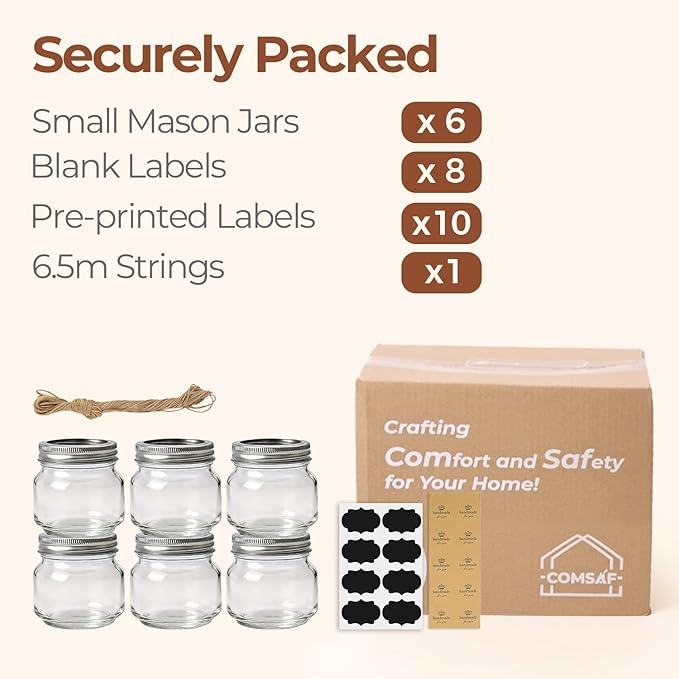 ComSaf 8 oz Regular Mouth Mason Jars,6Pcs Glass Jars for Home Cooks Making Jam and Jelly, and Crafters Creating DIY Candles and Party Favors, Canning Jar with Lids and Rings，Includes Labels & Twine