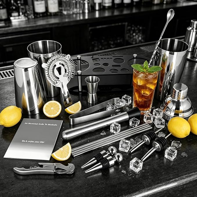 17Pcs Cocktail Shaker Set 750ml, 750/600ml Bartending Kit 25oz, 25/20oz Bar Shakers Tools Bartender Kit with Recipe Book Black Stand