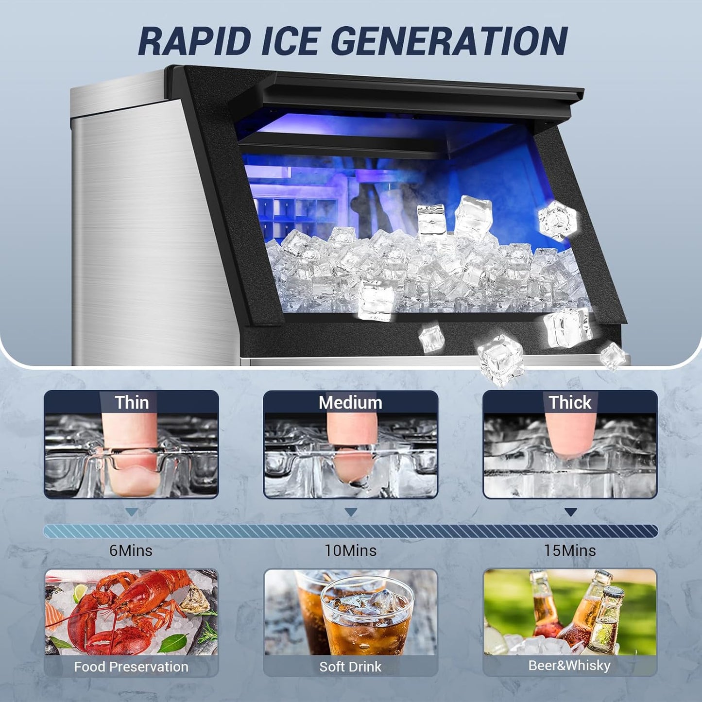 【120LBS/24H + 40 Cubes/12-18 Mins】 15" Commercial Ice Maker - 30LBS Storage, Self-Cleaning Under Counter & Freestanding Ice Machine for Home/Bar/Outdoor