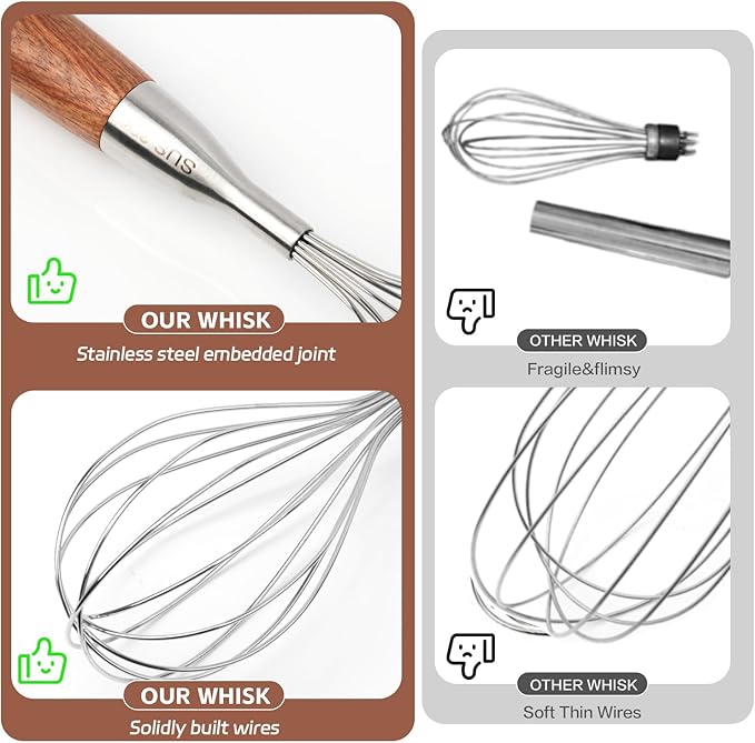 Stainless Steel Whisk Wooden Handle Metal Whisk Balloon Wire Baking Whisks for Cooking Kitchen Whisking Beating Blending 12inch