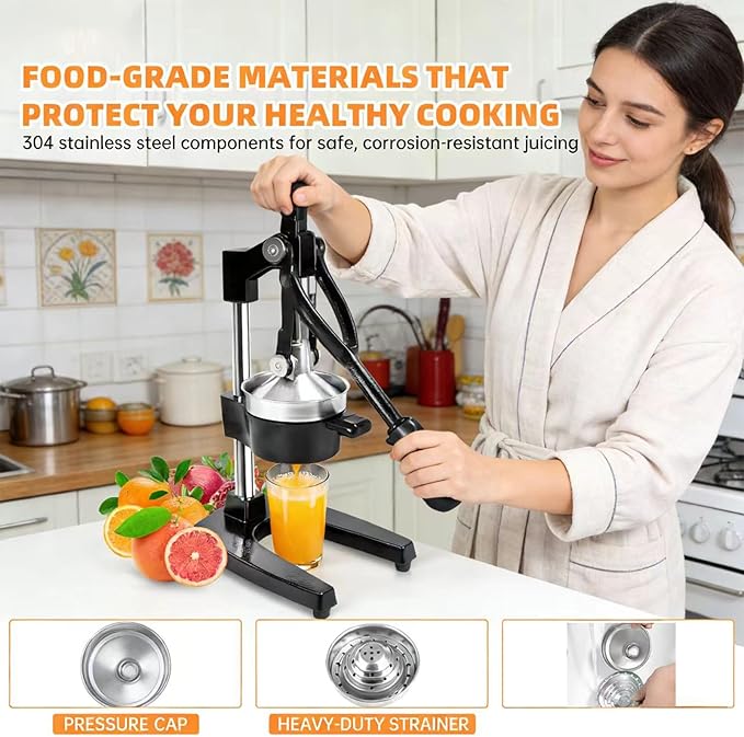 Cast Iron Manual Citrus Juicer Hand Press, Heavy-Duty Commercial Grade, Stainless Steel Lemon Orange Squeezer Effortless, Stable, Easy Clean for Home, Bar, Commercial Use