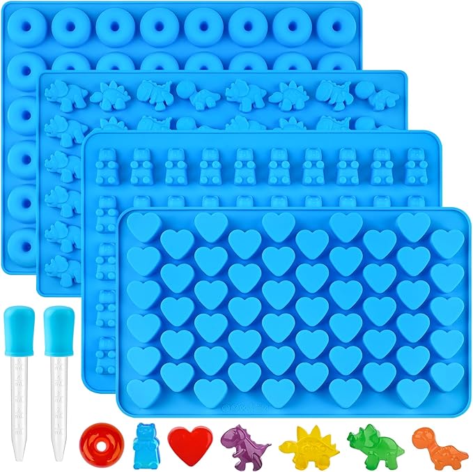 Puyeipt 4 PCS Silicone Gummy Candy Molds, 201 Cavities Non-Stick Mini Size Gummy Bear, Dinosaur, Heart and Donut Molds with 2 Droppers for Small Hard Candies, Jello, Chocolates