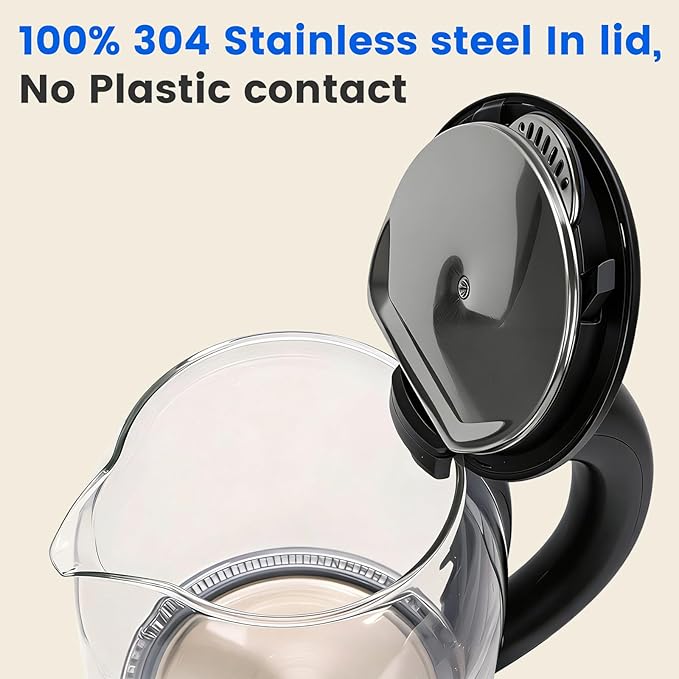 Household Electric Kettle, All 304 Stainless steel and No Plastic Contact, Automatic Shut-off,Borosilicate glass Visual Boiling, 2.0L Water Boiler & Tea Kettle Perfect For Tea & Coffee (Black)