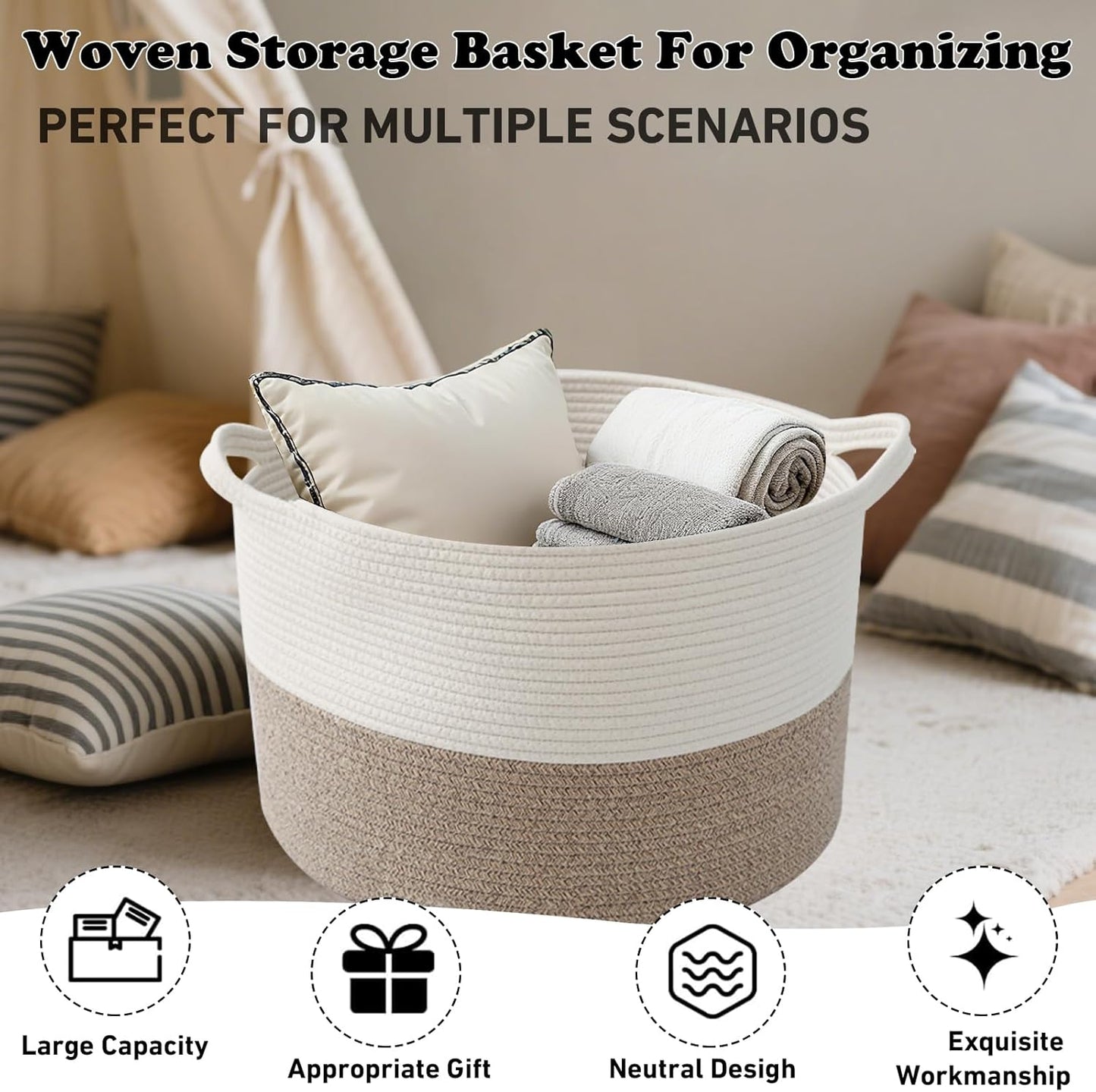 Large Blanket Basket for Organizing,65L Closet Organizers and Storage Bins Box for Shelves Woven Rope Storage Baskets,Living Room,Bedroom,Dorm,Laundry room (White&Brown)