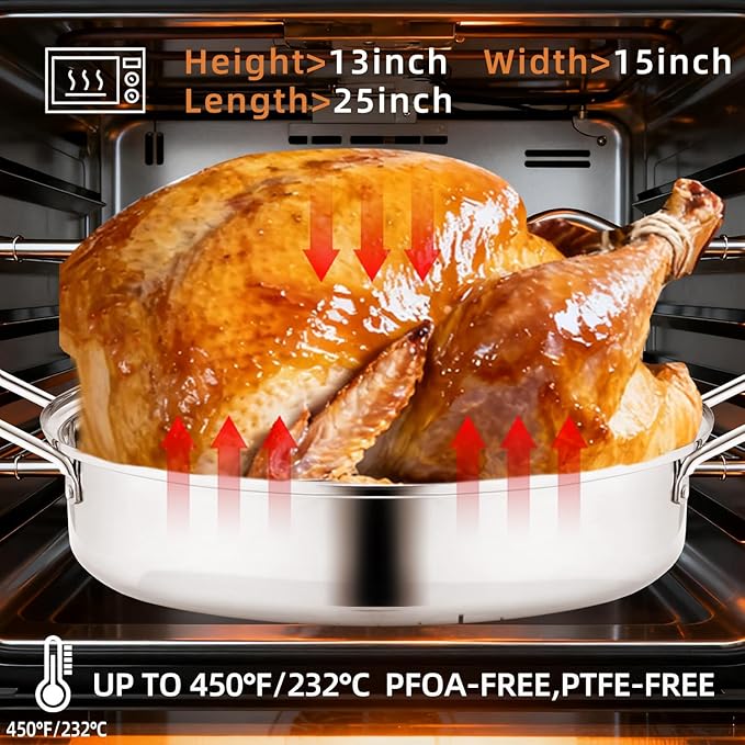 QPMR 22" Stainless Steel Roasting Pan with Lid and Rack,25LB Capacity,Large Roaster Pan for Oven,Nonstick Roasting Pan for Turkey,Chicken,Gifts for Mom,Wife