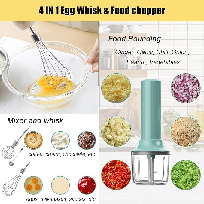 4-in-1 Handheld Frother, Coffee Frother Handheld, Electric Whisk, Milk Frother Wand for Coffee, Matcha, Electric Hand Mixer, Mini Onion Chopper 10Oz, Small Cordless Hand Blender, 4 Speed