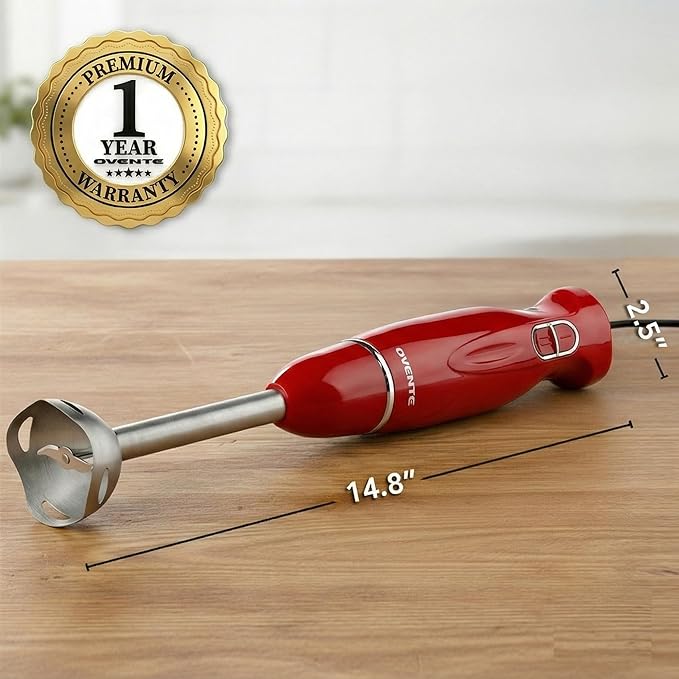 OVENTE Immersion Hand Blender, 300W Electric Handheld Stick Mixer with 2 Mixing Speeds and Stainless Steel Blades for Smoothies, Purees & Baby Food, Red HS560R