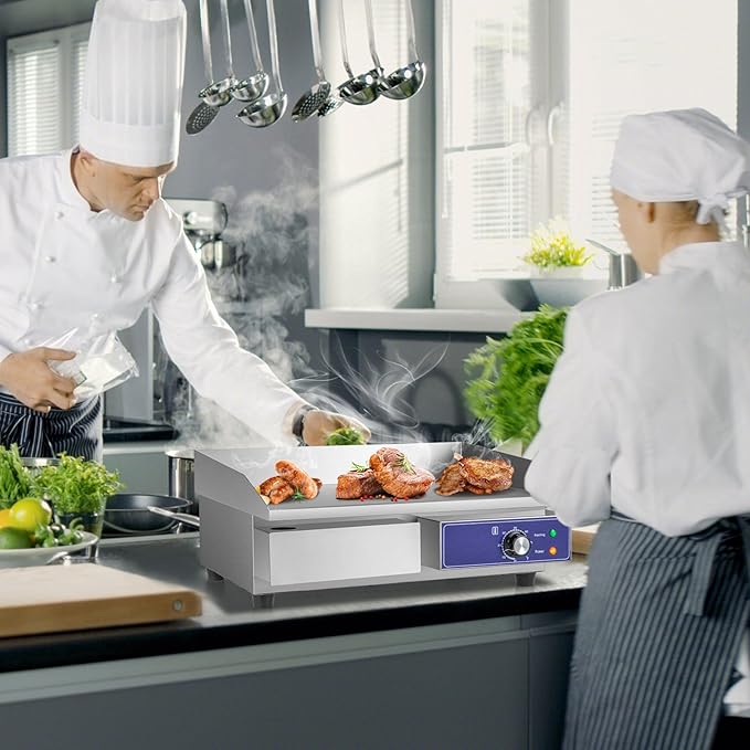 Happygrill 22" Commercial Electric Griddle, Stainless Steel Flat Top Grill w/Adjustable Temperature Control 122℉-572℉, Complete Accessories, 2000 W Electric Countertop Griddle for Kitchen Restaurant