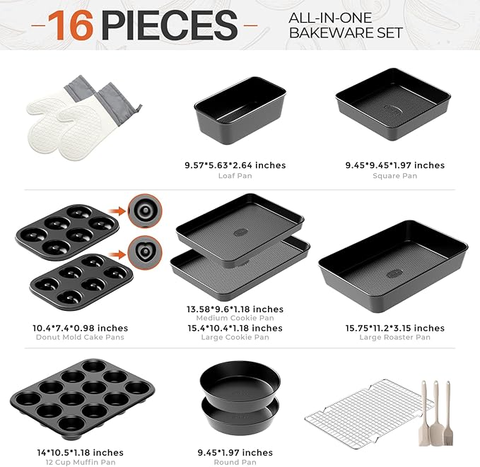 16-Piece Nonstick Bakeware Set with Oven Mitts, Donut Pan, and Heart Pan, Stackable Carbon Steel Baking Pans Set with Kitchen Utensils and Rack, Ceramic Coating, Black