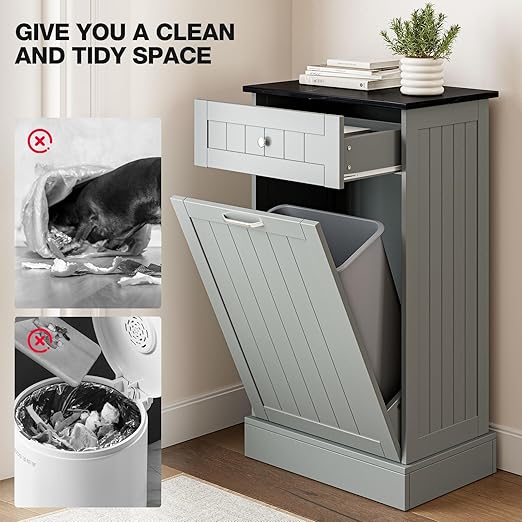 GAZHOME 10 Gallon Tilt Out Trash Cabinet, Upgrade Wooden Free Standing Recyclin Trash Cabinet with Hideaway Drawer(Gray)