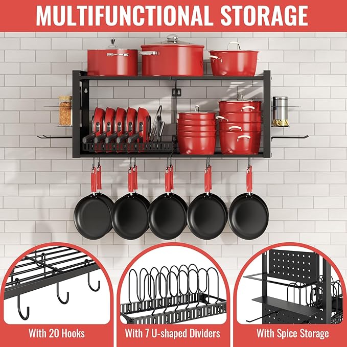 31 Inch Pot Rack Wall Mounted，3 in 1 Pots and Pans Organizer with 2 tier Kitchen Racks & Pot Lid Organizer Holder and 20 Hooks,Heavy Duty Hanging Pot Hanger for Kitchen Cookware, Utensils, Black