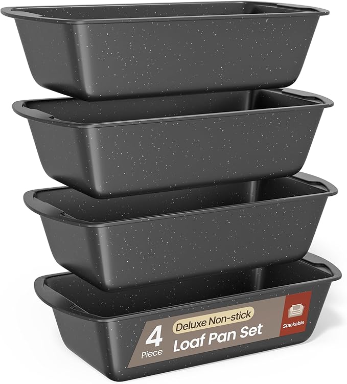 Nonstick Loaf Pan Set Pack of 4, Carbon Steel 11" Large Baking Bread Pan, Oven Safe Up to 450°F, PFOA, PFOS, PTFE Free, Space Saving Stackable Design, Stain Resistant, Dishwasher Friendly, Gray Marble