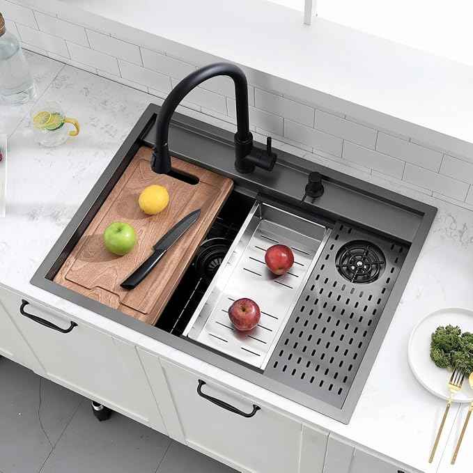 30 Inch Black Drop In Kitchen Sink Workstation with Glass Rinser -VOKIM 30x22 Drop In sink Workstation Stainless Steel 16 Gauge Deep Single Bowl Kitchen Sink