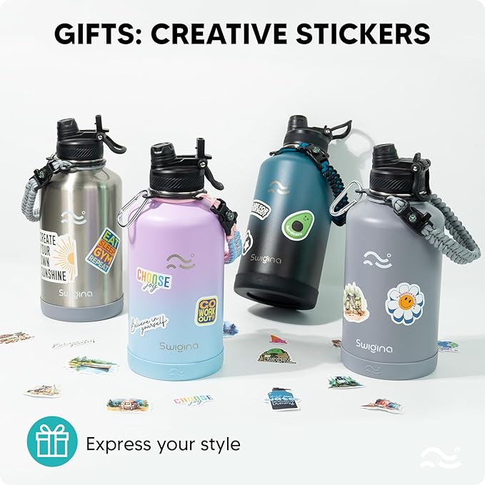 Swigina [2-IN-1 LID] 64 oz Insulated Water Bottle with Silicone Boot (48hrs Cold/24hrs Hot) - DIY Stickers, Leakproof, BPA Free, Half Gallon