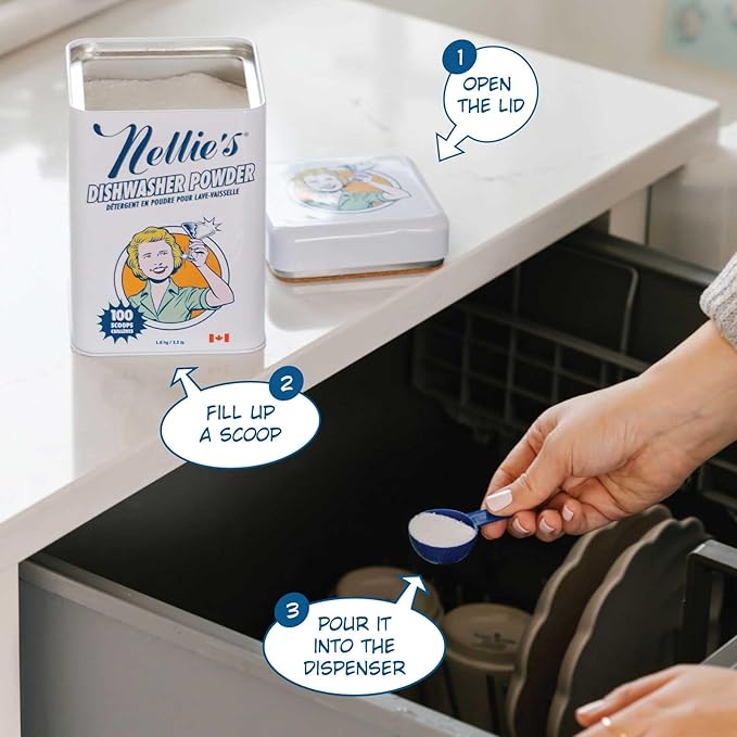 Nellie's Dishwasher Powder - Tough on Food Residue, Plant-Based Ingredients, Spotless Clean, High-Efficiency Dishwashing Solution - 100 Scoop Tin - (Made in Canada)