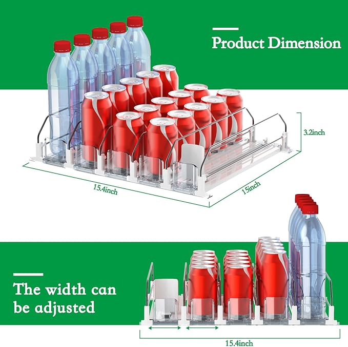 Drink Organizer for Fridge-White Automatic Pusher Glide,12oz 16oz 20oz-Soda Dispenser for Fridge-Holds up to 25 Cans