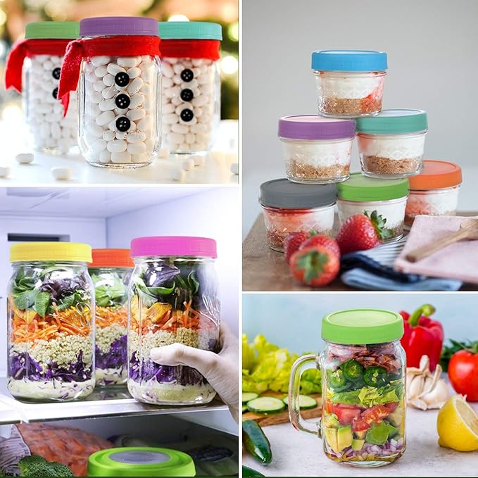 AOZITA [ 28 Pack ] Plastic Mason Jar Lids Fits Ball, Kerr & More - 14 Wide Mouth & 14 Regular Mouth - Colored Storage Caps for Canning Jars, Dishwasher Safe & Food Grade