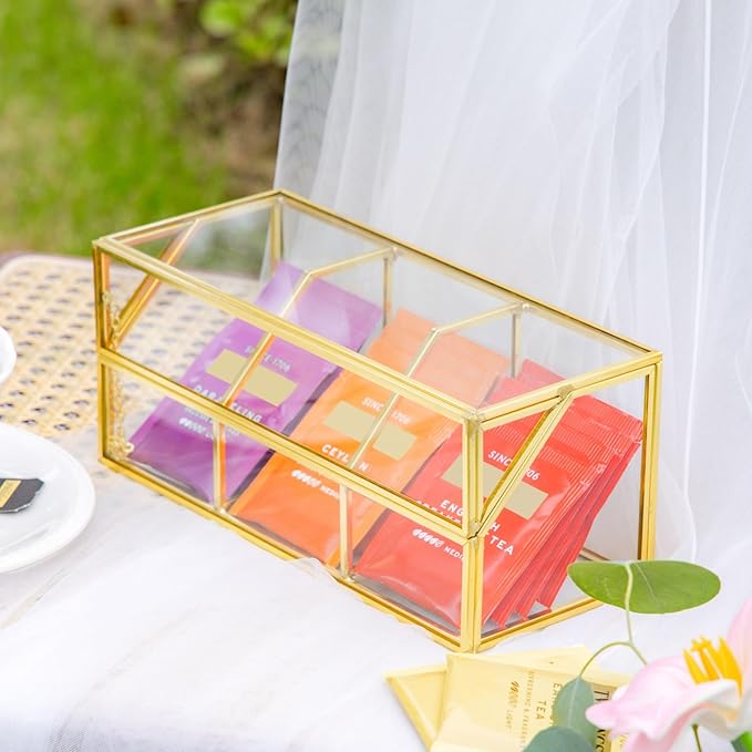 NCYP Glass Tea Bags Organizer with Lid, Small 3 Slots Teabag Storage Box, Indoor Counter Teabag Display Case, Kitchen Cabinet Gold Decor, 8.7 x 3.6 x 3.66 Inches (Glass Box Only)