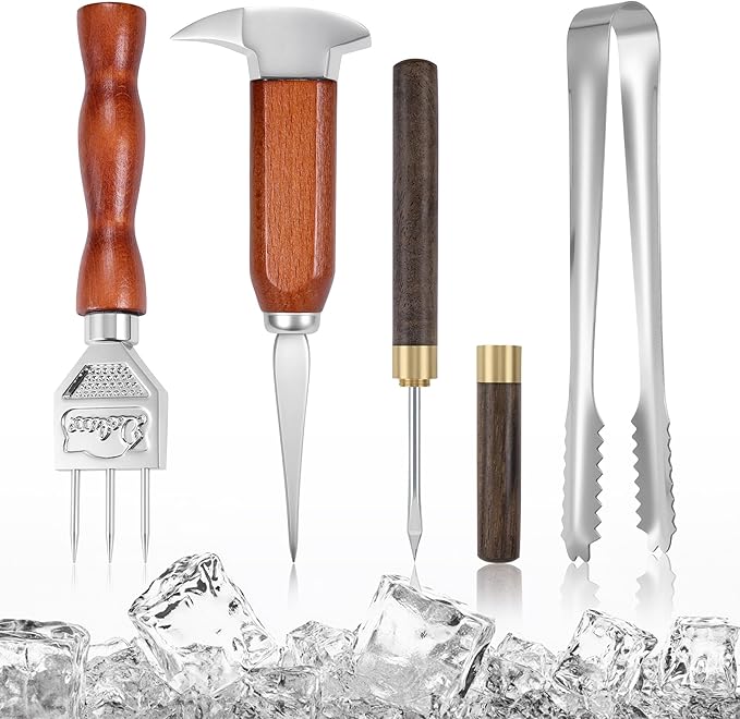 4Pcs Ice Pick Set, Stainless Steel Ice Chipper with Wood Handle, Bartender Kit Ice Crusher with Tong Ideal for Bars, Kitchen and Carving Craft Art