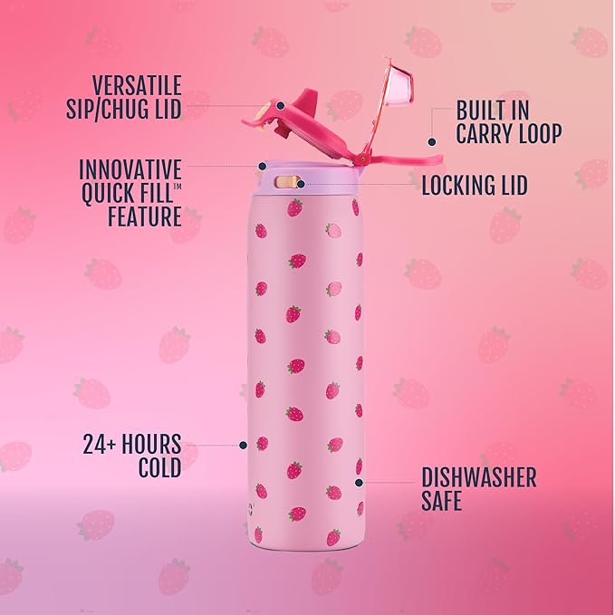Ello Pop & Fill 22oz Stainless Steel Water Bottle with QuickFill Technology, Double Walled and Vacuum Insulated, Leak Proof Locking Lid, Straw and Chug, Fits Cupholder, Reusable BPA Free, Strawberries