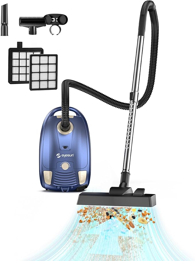 Bagged Canister Vacuum Cleaner,1400W Powerful High-Suction Bagged Canister Vac with 3.7QT Dust Bags,Pop-N-Go Brush,HEPA Filter,Dual Motors&4 Cleaning Tools,Perfect for Low-Pile Carpets&Hard Floors