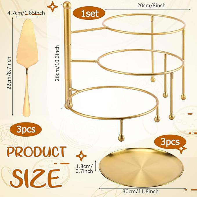 Teenyyou 7 Pcs Pizza Pan Riser Stands Sets Includes 1 Pcs Tiered Tray Stand 3 Stainless Steel Pizza Pan and 3 Wood Handle Knife for Home, Restaurant Party (Elegant Style,Gold)