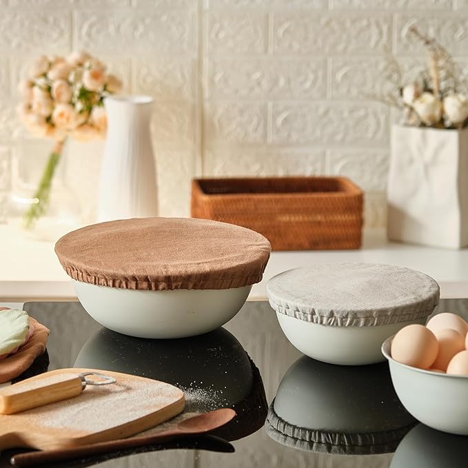 100% Pure Linen Bowl Covers For Bread Proofing, 4 Pcs Elastic Reusable Solid Color Cloth Fabric Bowl Covers,XL Organic Washable Large Stretch Sourdough Lids 6 * 8 * 10 * 12 Inches, Linen