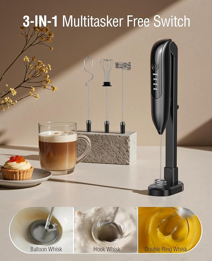 Electric Milk Frother Handheld: Rechargeable 3 in 1 - LED Digital Display with 3 Speeds Portable Stainless Steel Drink Foam Mixer for Milk Coffee, Lattes, Cappuccino, Matcha - Starlight Black