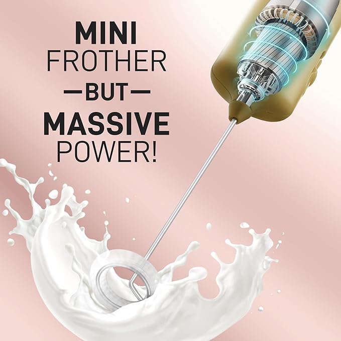 Mini & Mighty Milk Frother Wand – Powerful Handheld Coffee Frother, Battery Operated Drink Mixer – Compact Pocket Size – Detachable Whisk for Latte, Cappuccino, Matcha, Hot Chocolate – Gold