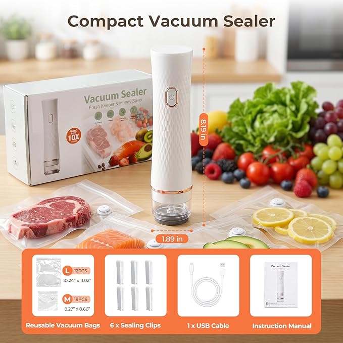 Handheld Vacuum Sealer for Food (Vacuum Sealer + 30 Reusable Bags) – Powerful Compact Food Sealer, Portable Vacuum Sealer for Kitchen, 10X Fresh Logner Seal Meal Saver
